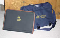 We embroider folios and messenger bags.